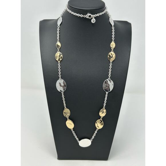 Swarovski Silver and Gold Tone Hammered Disc Necklace - Picture 1 of 7